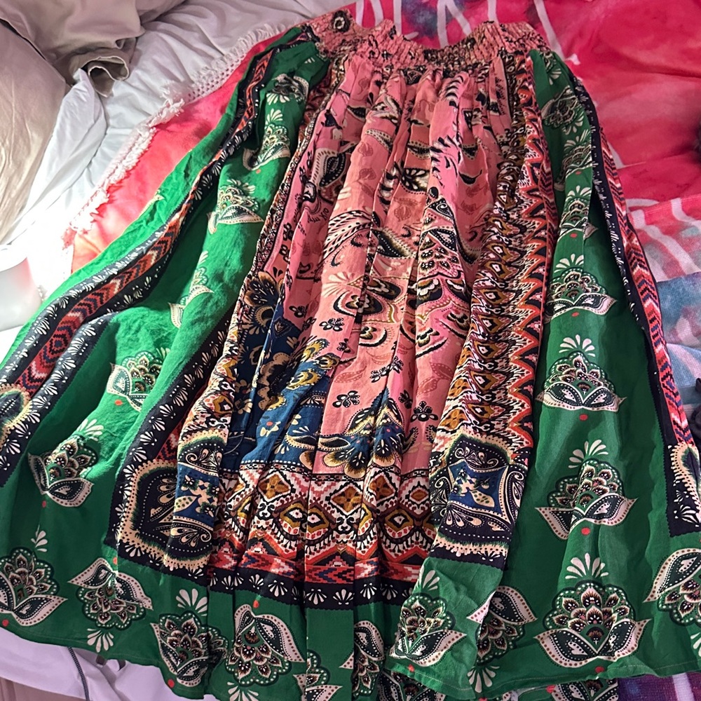 Anthropologie Green and Pink A-Line Skirt